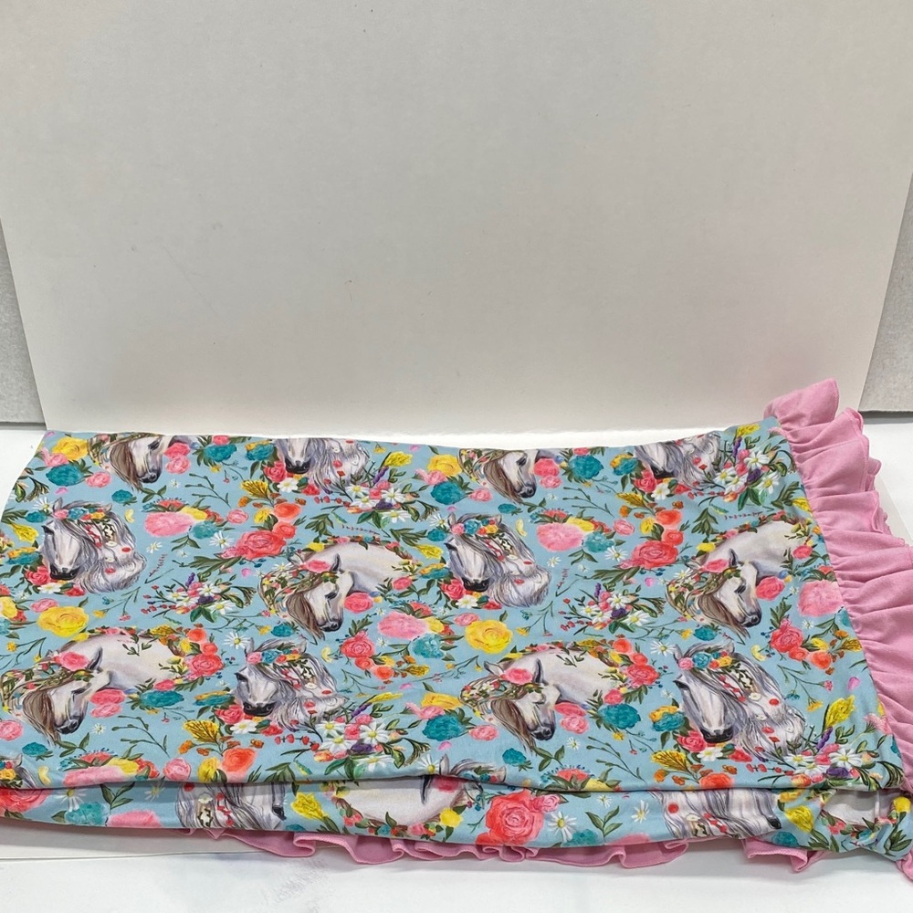 Whimsical Floral Horse Print Throw Blanket w/Solid Pink on the back side Ruffles
